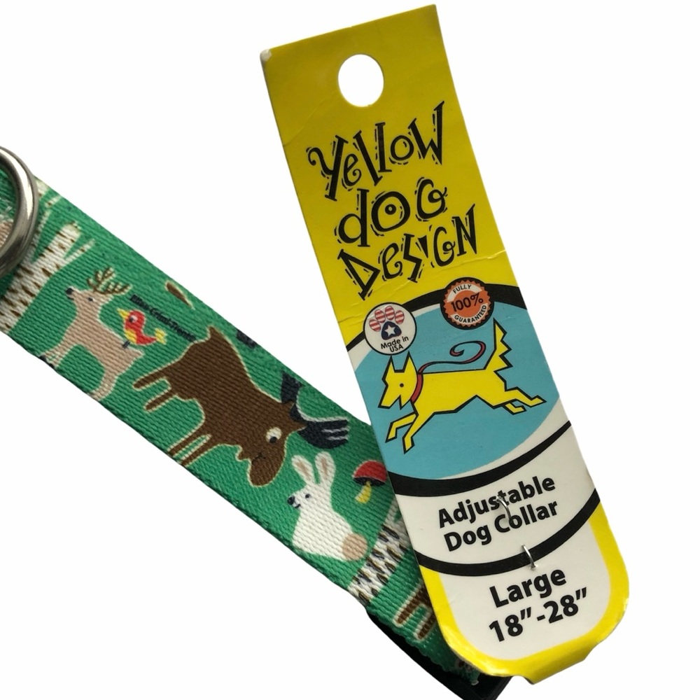 NEW Dog Collar Woodland Friends L Moose Deer Bird Buckle Yellow Dog Design Green